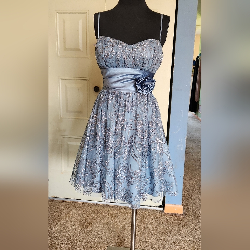 B. Smart Blue And Silver With Spaghetti  Straps Fit and Flare Mini Dress